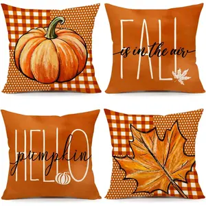 4pcs Fall Harvest Throw Pillow Covers Contemporary Style Thanksgiving Buffalo Plaid Farmhouse Decor, Orange Pumpkin Maple Leaf Design, Cushion Cases for Home Sofa Deco, Single-sided Printing, Without Pillow Core, Home Decorative Cushion