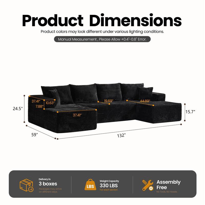 【Valentine's Day Sales】133‘’ U-Shaped Corduroy Modular Sofa Cloud Style Oversized 5-Seater with Chaise Pillows Included No Assembly Required Convertible Space-Saving for Living Room Bedroom Office Indoor Furniture Sets Christmas - Boneless Sectional Couch