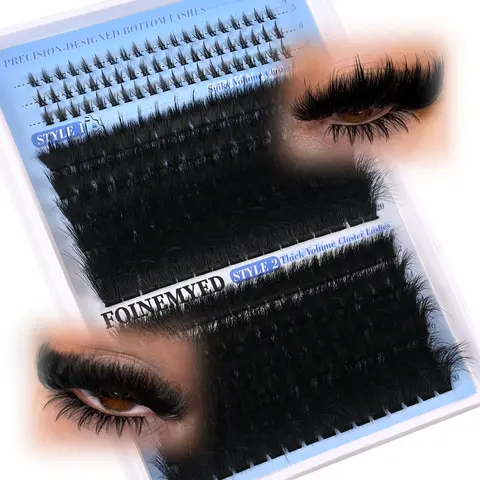 FOINEMYED 2-in-1 Dual Style Manga Lash Clusters Kit - 200D Spiky/Dramatic, 252Pcs, 12-20mm D Curl, Spikes & Bottom Lashes for Adults' DIY Make Up Eyelash Extensions