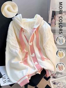 women's casual knit cardigan, long sleeve hooded sweater, patchwork heart button design, fall winter fashion