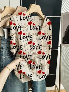 Women's Heart Letter Print Short Sleeve Knit Cardigan, Casual Elegant Vacation Style Sweater, V Neck Loose Button Front, Spring Summer Fall Fashion