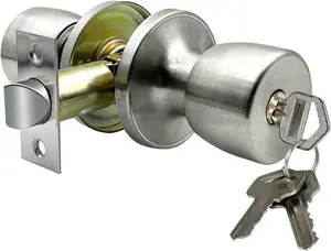 Satin Nickel Door Knob with Lock and Key, Round Ball Lock Interior/Exterior Door Knob, Entry Door Handle for Bedroom and Bathroom, Standard Ball