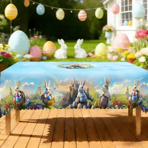 BLIOWL Easter Decor Tablecloth (60'' Round/60x86'' Rect) - Colorful Rabbit & Egg Pattern for Easter Parties, Spring Lunches & Patio Dining Setups"