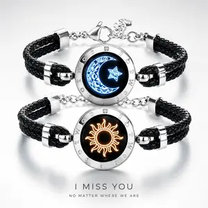 TOTWOO Long Distance Touch Bracelets for Couples, Light Up & Vibration Smart Bracelets for Love, Leather Fashion Jewelry with One-to-One Bluetooth App Pairing, Non Tarnish Fashionable Bangle Gift Jewelry for Women & Men