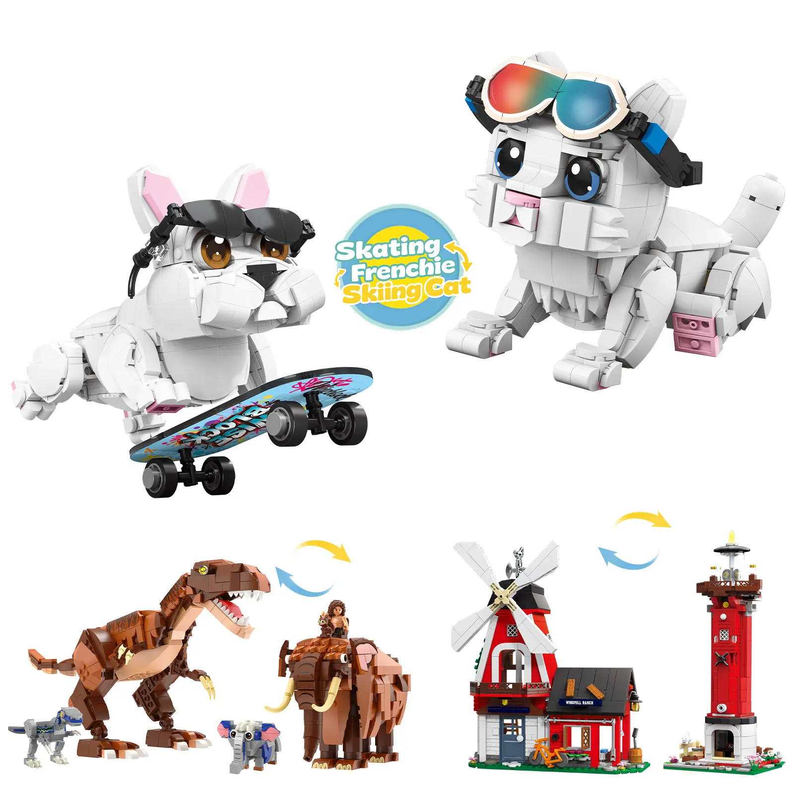WISE BLOCK French Bulldog Building Blocks Set - 500 Plastic Bricks DIY 2-in-1 Skateboard Dog & Ski Cat Building Module Set, STEM Educational Toy for Kids Ages 6+ with Open Ended Play & Craft Ideas, Do It Yourself, 500 Pieces