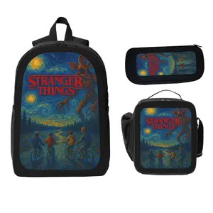 Stranger Things Backpack Set Black Teenage Trio Van Gogh Starry Night Design Backpack Pencil Case Insulated Lunch Bag for Fans