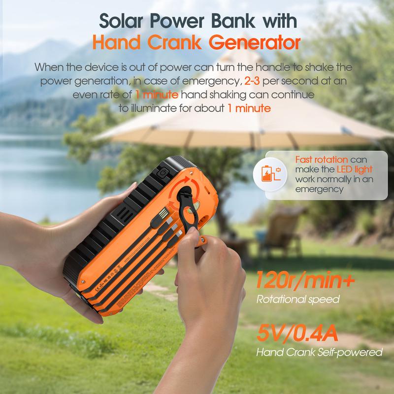 Solar Charger Power Bank 40000mAh with Hand Crank & Built-in 4 Cables, Portable Phone Charger & Solar Power Bank, 22.5W Fast Charging, 6 Outputs & 4 Inputs, Flashlight & Compass for Outdoors