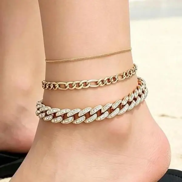 3Pcs/Set Lady's Gold Ankle Chain Set,Multi-Layer Cuban Chain Snake-shaped Faugaro chain ankle chains,summer beach accessory
