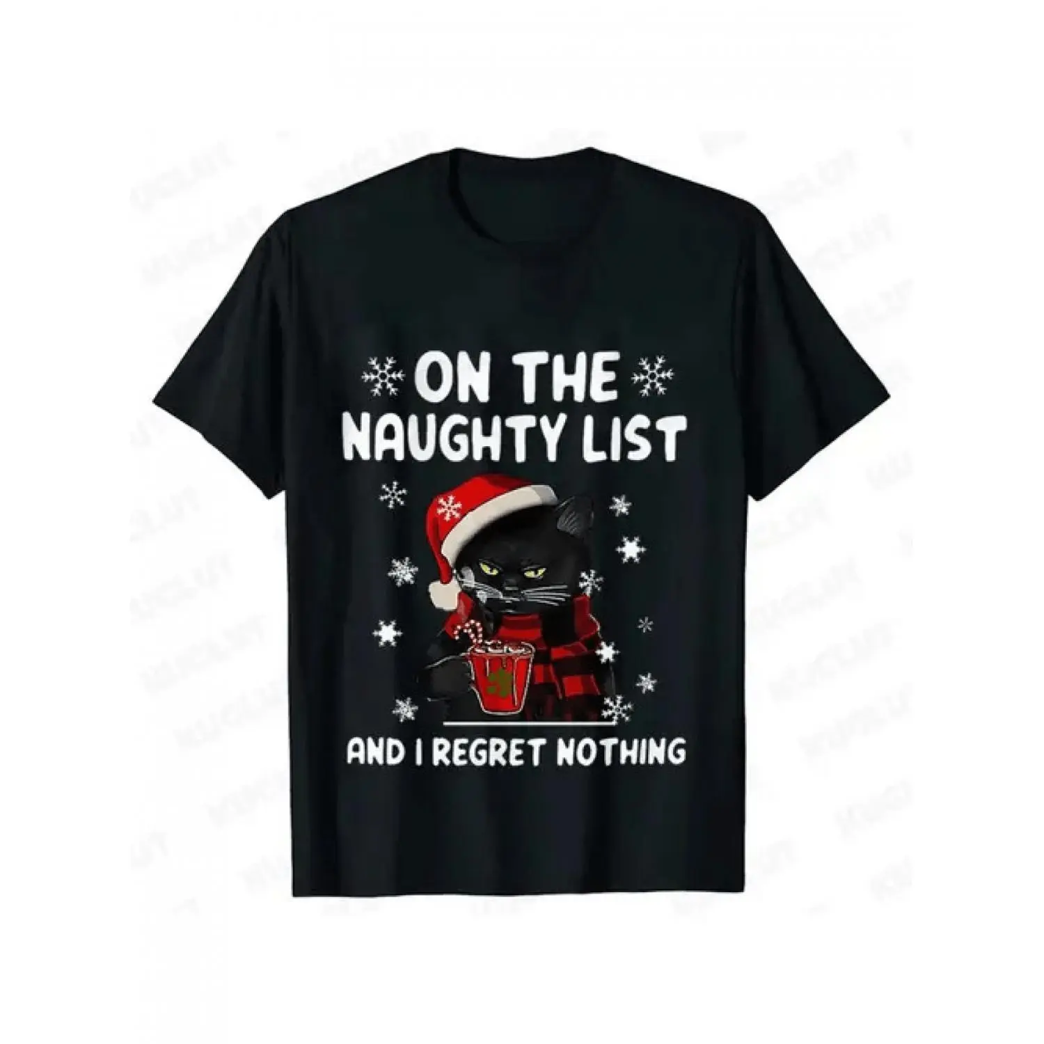 Women's Short-Sleeve Round/Crew Neck Funny Christmas Graphic T-Shirt - Naughty List Black Cat in Santa Hat, Plus Size Loose Fit, Durable Print, Comfortable Fabric, Humor Theme Holiday Party Outfit, Shortsleeve, Round Neck