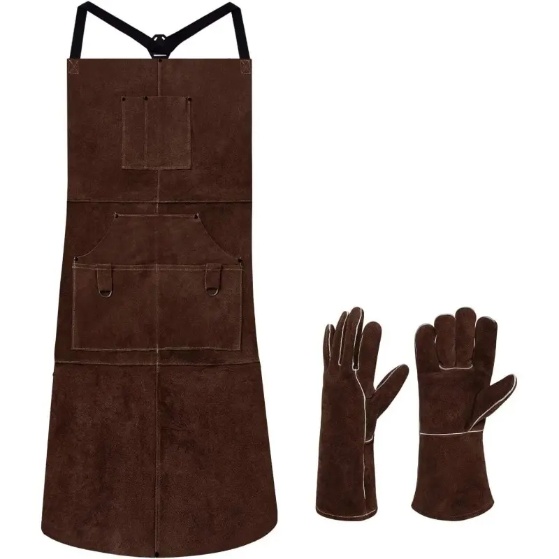 2-Pack Welding Apron and Protective Work Gloves Set Heavy Duty Faux Leather Cowhide Heat-Resistant Work Apron 6 Pockets Padded Shoulder Straps Soft Breathable Extra-Strong Denim Weave For Forging Construction