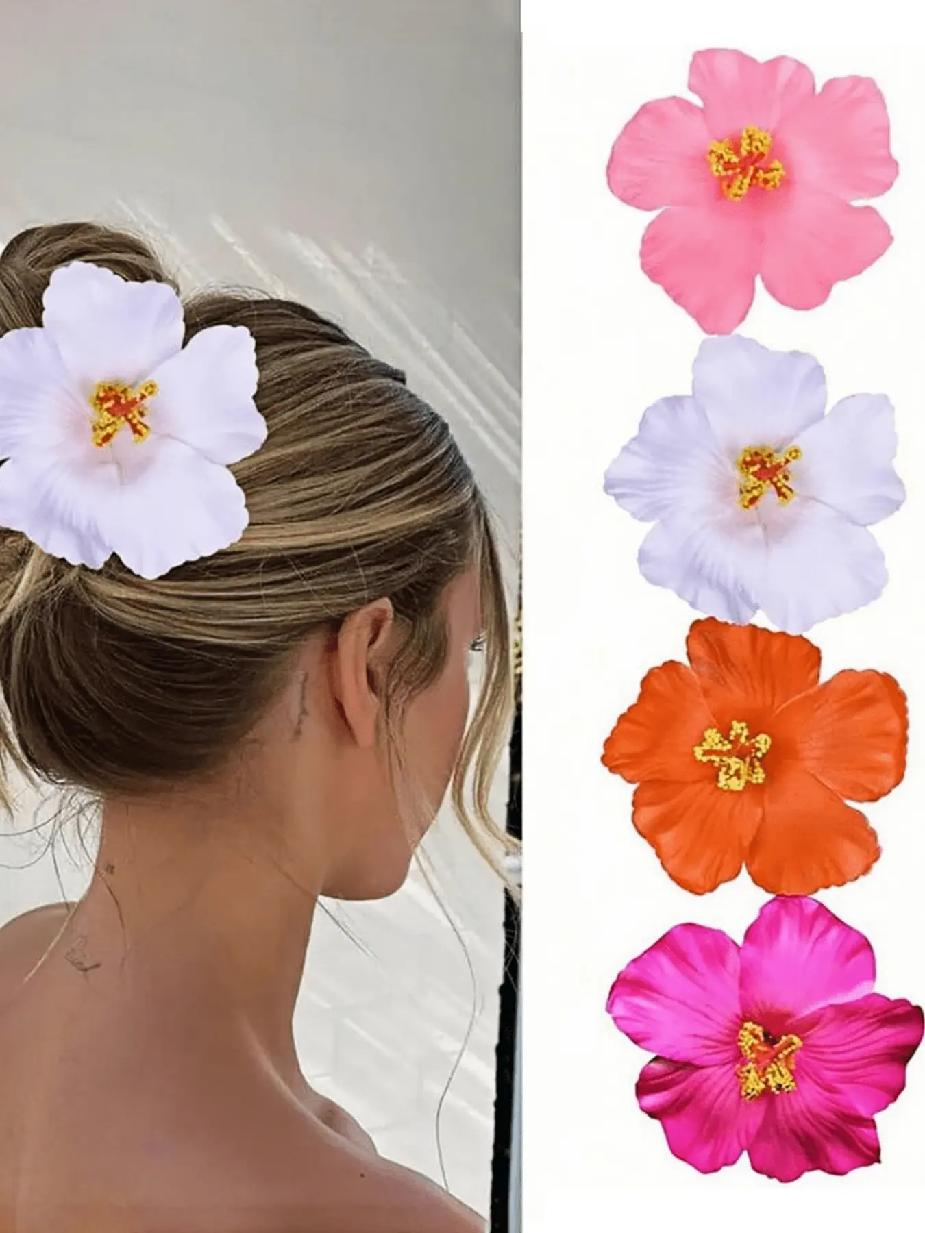 4pcs-Hawaiian-Flower-Hair Clip Set-For-Women-4Pcs-3-5-Inch-Artificial-Flower-Clips-Plumeria-Hibiscus-Hair-Clip-For-Vacation-Beach-Party-Summers-Tropical-Flower-Hair-Accessories-For-Girls-Holiday-Gift-Hairclips-Hair-Decor