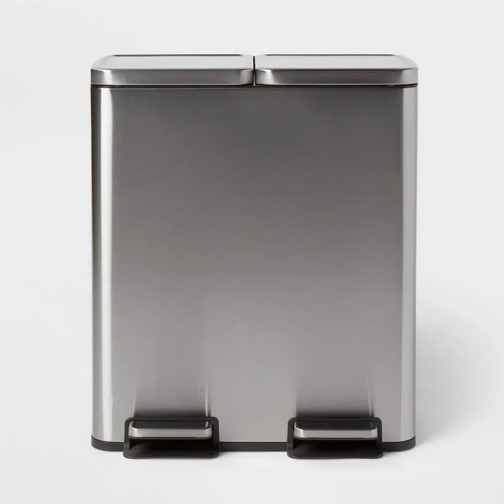 60L Stainless Steel Step Trash and Recycle Can - Brightroom: Dual Compartment Pedal-Operated Kitchen Bin Silver