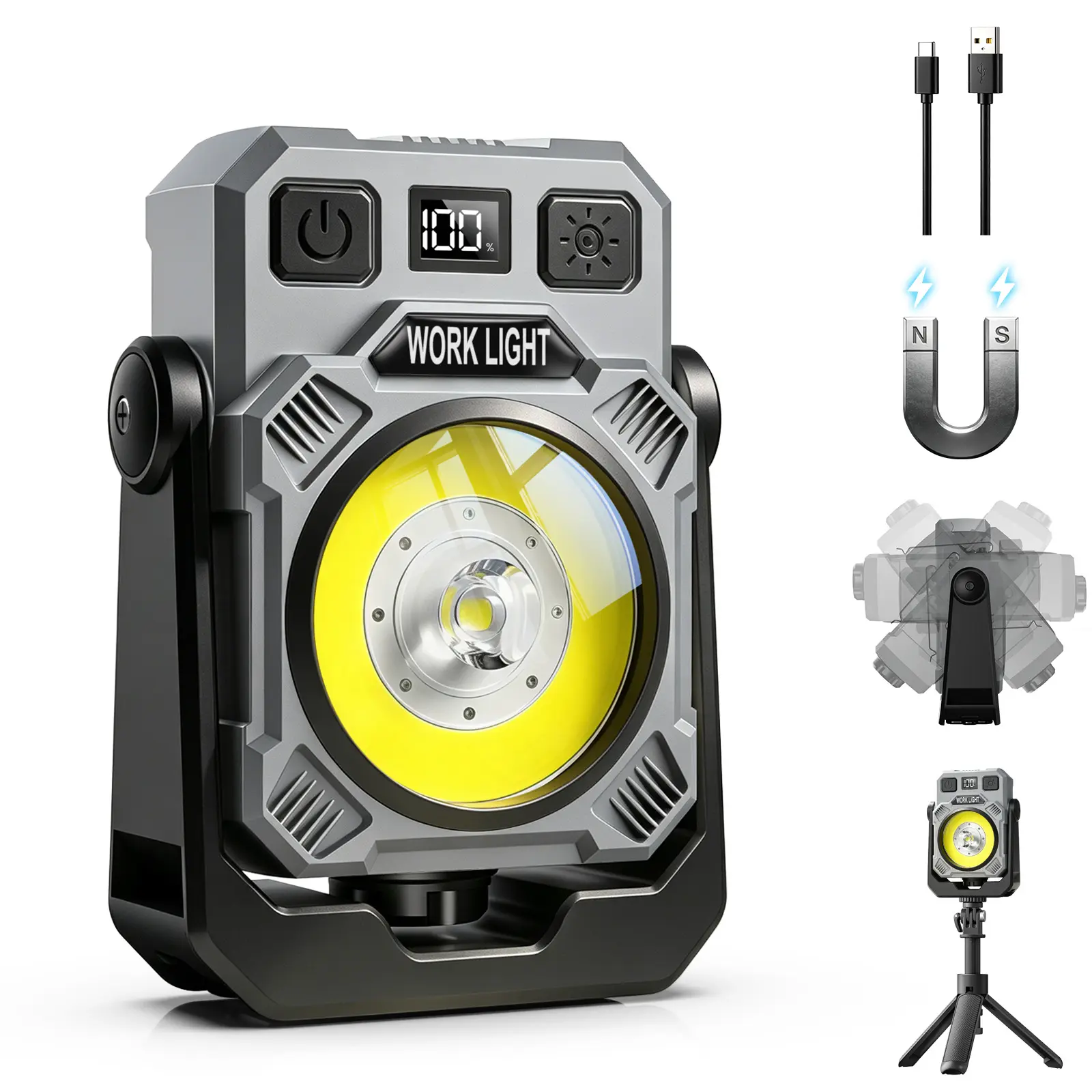 2000LM Magnetic Rechargeable Work Light, 5200mAh LED Mechanic Light with 5–50H Run Time, Power Display, Stepless Dimming & 360° Rotation
