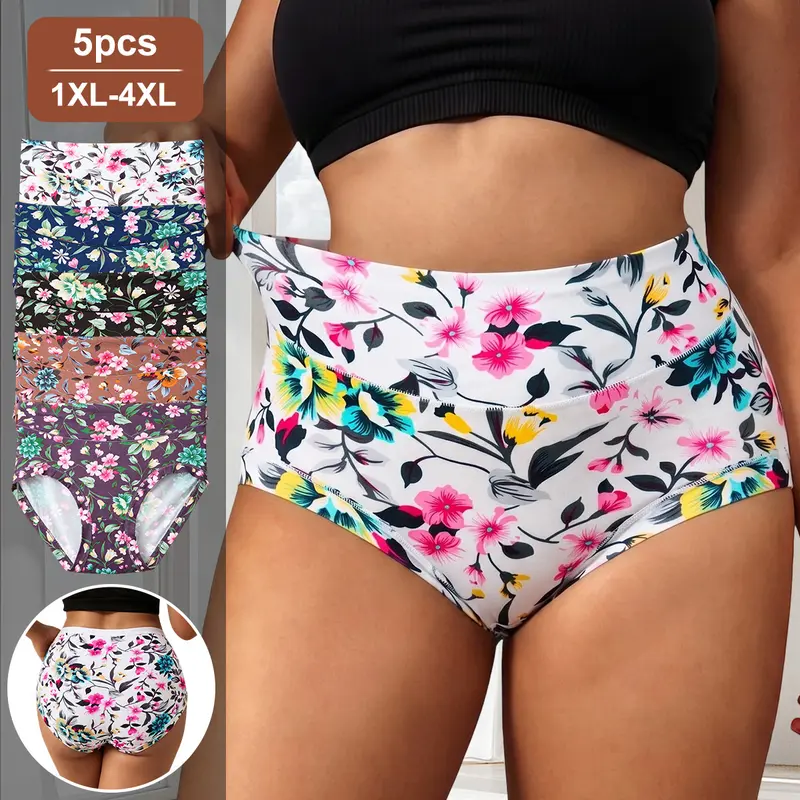 QUASTI 5PCS Plus Size Women's Floral Print High Waisted Panties – Soft Milk Silk Fabric, Breathable Stretch Comfort, Full Coverage Everyday Underwear, Lightweight Smooth Fit for Daily Wear