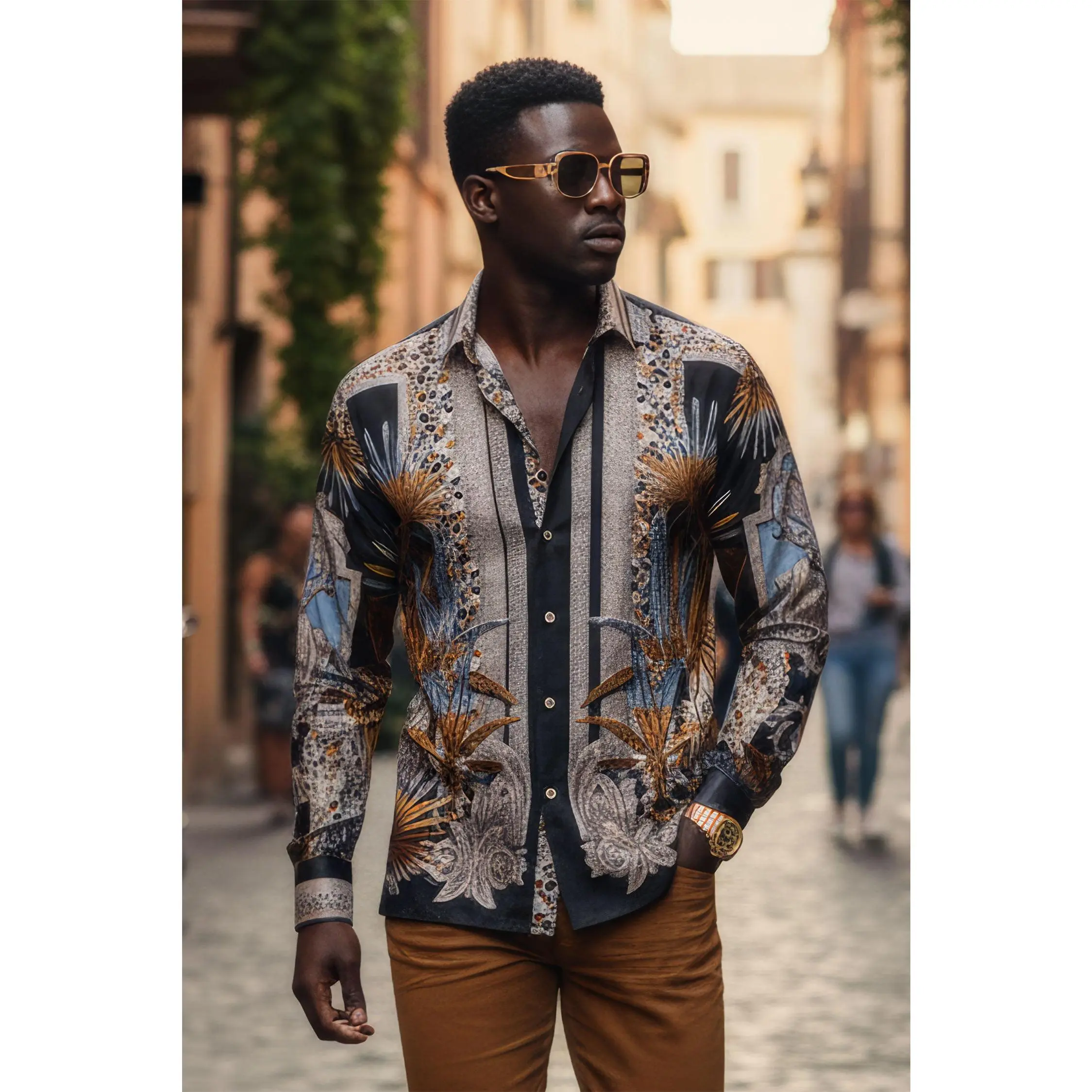 The Rage Look Rhinestone Long Sleeve Shirt Slim Fit Menswear Leopard Floral Fabric Print