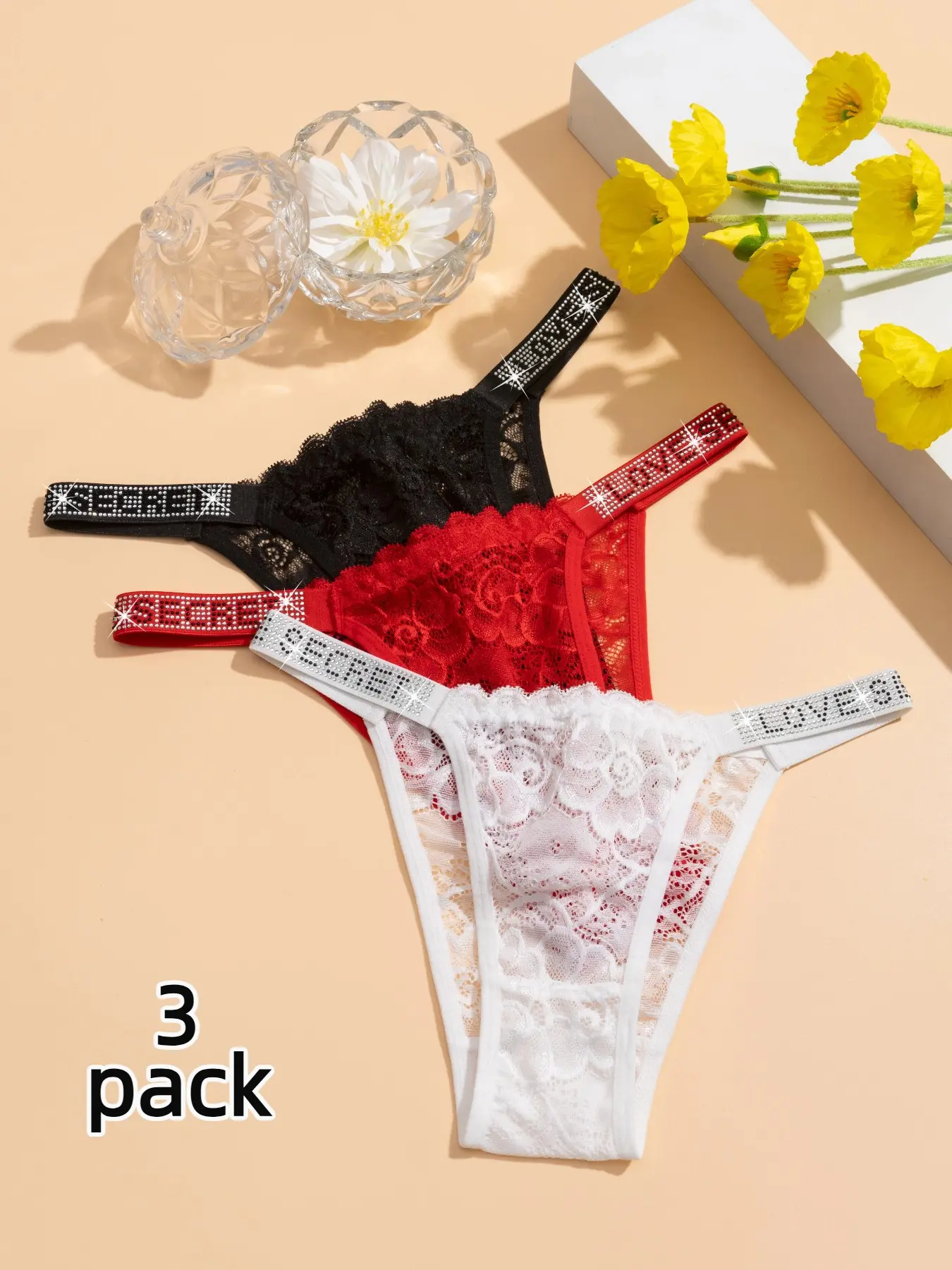 Women's Rhinestone Waistband Bikini Low-Waist Triangle Panties, Full Lace Sheer Sexy Elegant Fashion Underwear, Soft Breathable Comfort, 3 Pcs Set, Bikini Brief Underwear, String Bikini Underwear, Bikini Bottoms