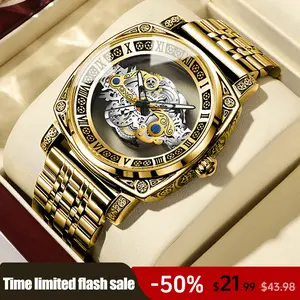 Mens luxury gold skeleton watch waterproof luminous automatic movement hollow dial premium textured design business casual dress wristwatch