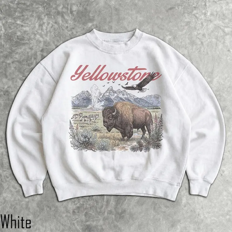 90s Yellowstone Sweatshirt - Unisex Men & Women's Graphic Sweater - Vintage Crewneck - Retro National Park Pullover - Bison - Wolves - Eagle