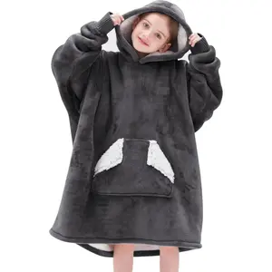 Wearable Blanket Hoodie for Kids & Teens 6-13 Year Old, Oversized Sherpa Fleece Sweatshirt with Pocket, Soft Cozy Hooded Blankets Christmas Birthday Gift for Boys and Girls, Grey