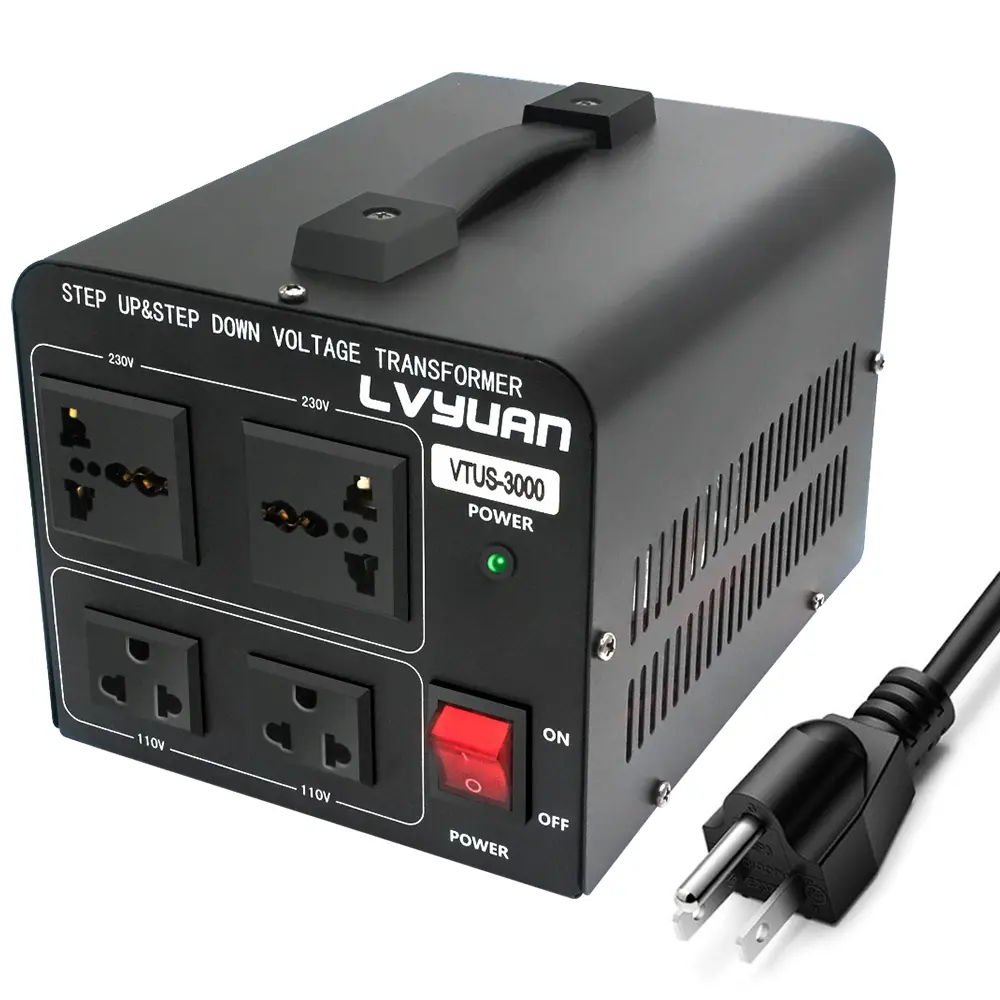 LVYUAN Portable Dual Voltage Transformer with Overload Protection, 1500W/3000W, 110V-220V, 1 US Outlet + 2 Universal Outlets