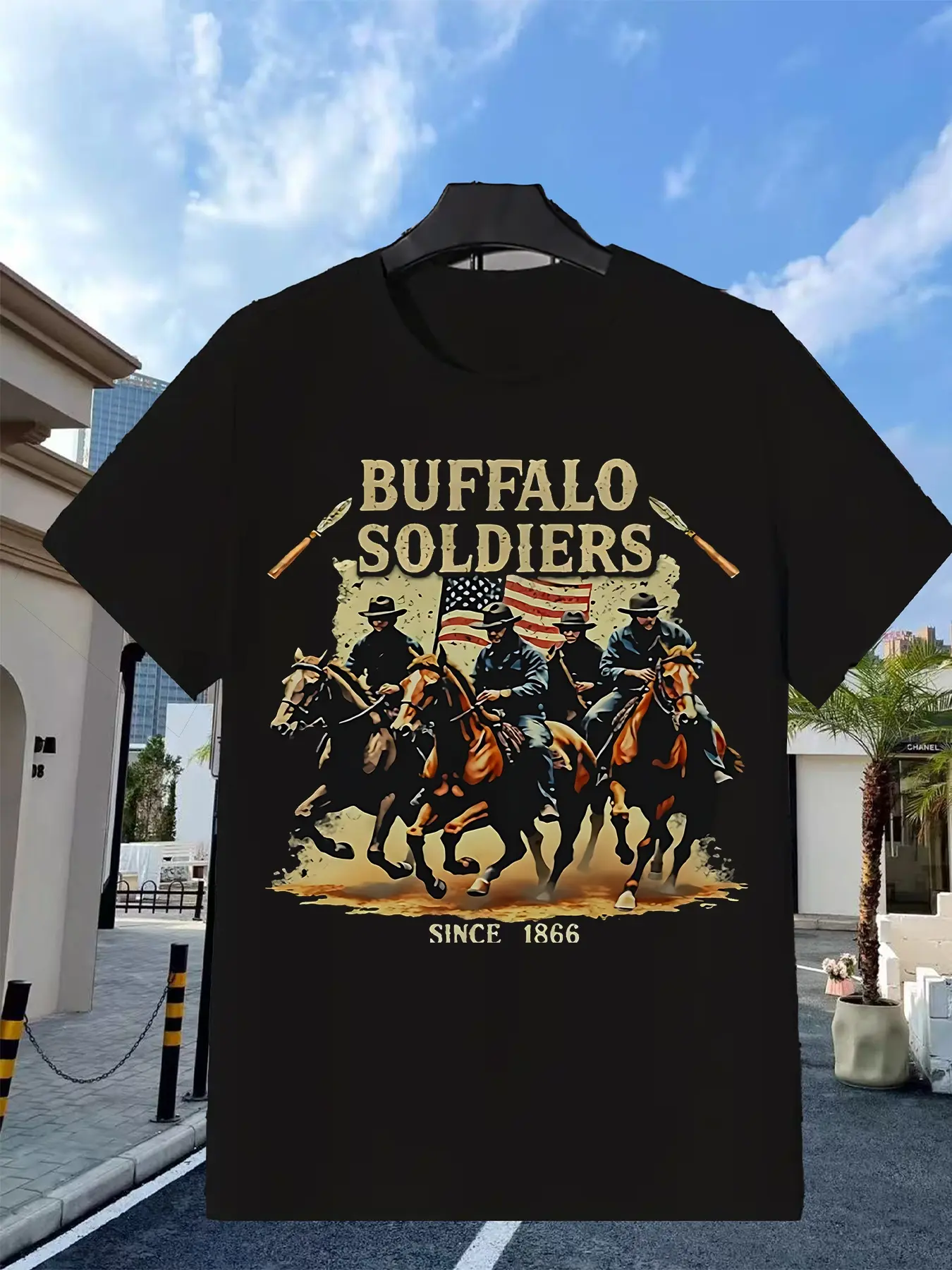 Black T-Shirt Featuring Buffalo Soldiers, Establis unisex soft cotton short sleeve t shirt, vintage graphic casual tee for men women teens, perfect birthday holiday gift for camping travel gym daily street casual wear