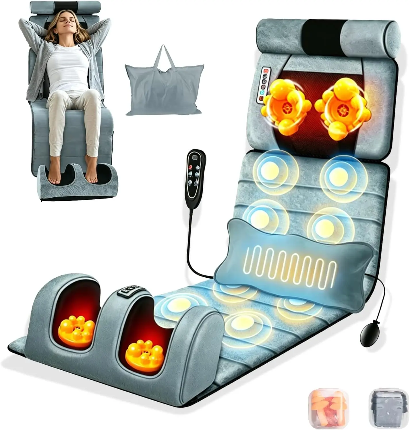 Full Body Massage Mat | Vibrating Heating Massage Pad, Back/Neck/Foot Massager with Lumbar Support, 10 Vibration Motors, Anti-Slip Bottom & Earplugs buttock massage Adjustable Daily Removable Relaxing