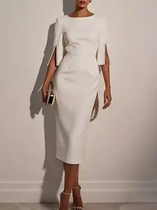 Slim-Fit Elegant Midi Dress with Beaded Slit Sleeve