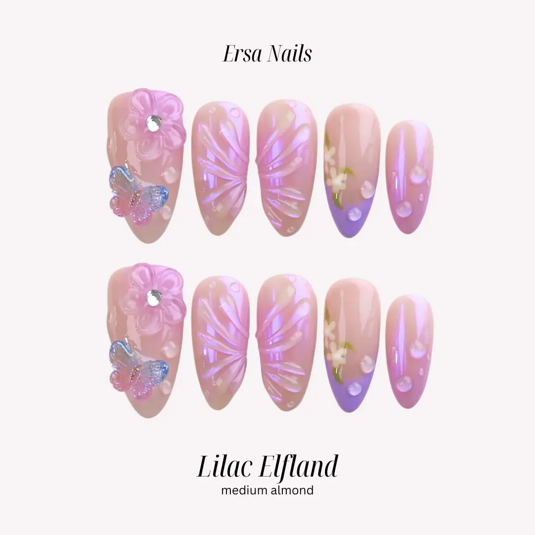 ErsaNails LILAC ELFLAND - Medium Almond 10 PCS Handmade Press On Nails | 3D Design, French Tip, Chrome & Ombré
