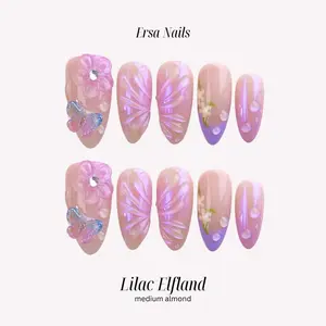 ErsaNails LILAC ELFLAND - Medium Almond 10 PCS Handmade Press On Nails | 3D Design, French Tip, Chrome & Ombré