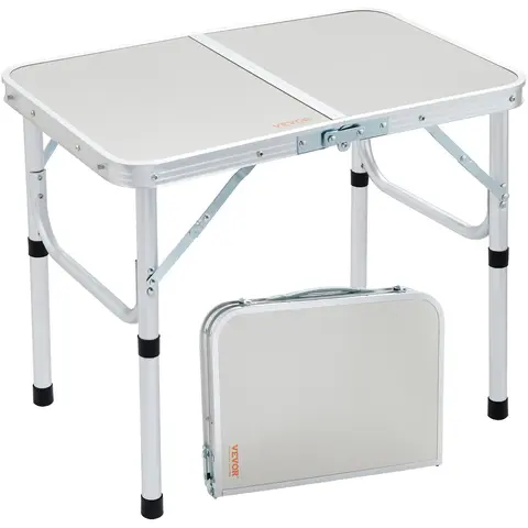 VEVOR Folding Camping Table, 24x16 in Silver Corrosion-Resist Aluminium & Rain-Proof MDF, 4-Step Fold Adjustable Height Outdoor Portable Side Table, 405x305x63.5 mm, 70 lbs Capacity, Compact for Trunk, Camping Furniture for Outdoor Patio