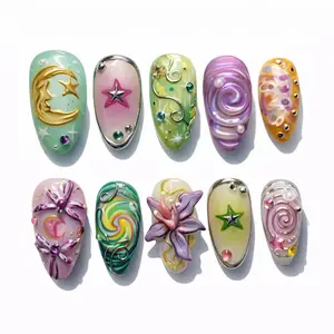3D Celestial Press On Nails, Pastel Moon Star Nail Art, Handmade Gel Fake Nails