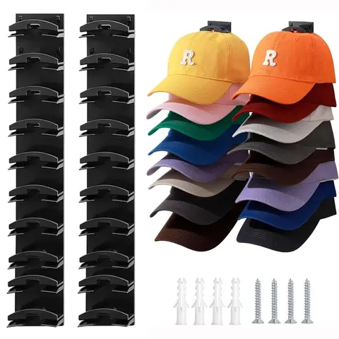 Wall-Mounted Hat Hanger - Durable Plastic Hanging Organizer with Strap, 20-Cap Baseball Hat Capacity, Adjustable Shelves, Adhesive Tape-Screw Dual Installation, Space-Saving Vertical Storage for Closet Study, ABS Room Decor Double Set