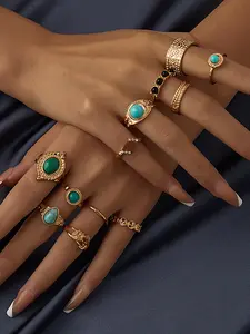 Vintage Style Turquoise Rose Ring Set, 12-Piece Alloy Jewelry Series, Unique Design, Perfect for Daily Wear