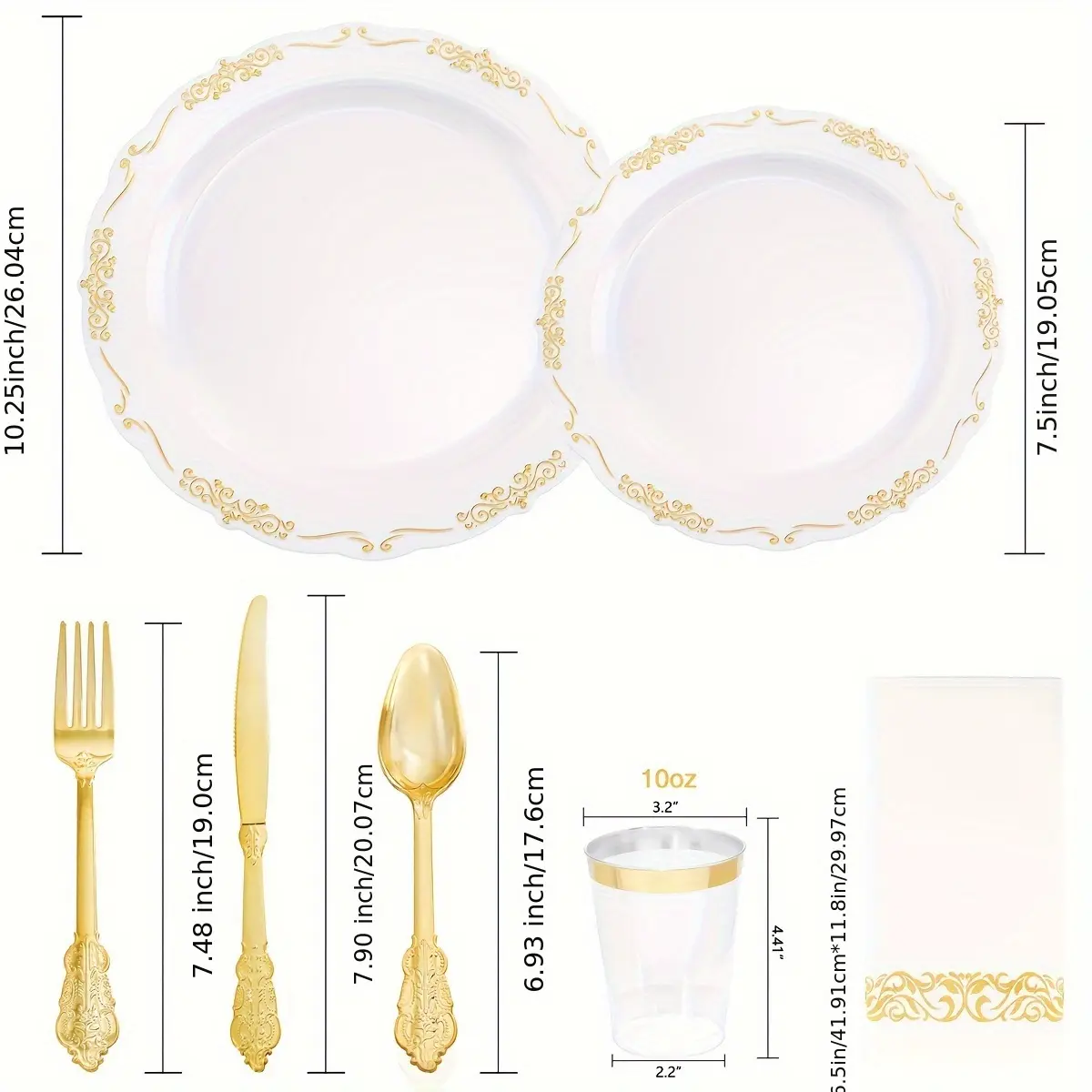 800 Pieces Golden Tableware Suit, 100 Pieces 10.25-Inch Golden Edge Dinner Plates, 100 Pieces 7.5-Inch Golden Dessert Plates, 400 One Golden Plastic Silverware, 100 One Golden Cups, 100 Pieces Golden Napkins, 100 One Guest Tableware Cutlery Dinnerware