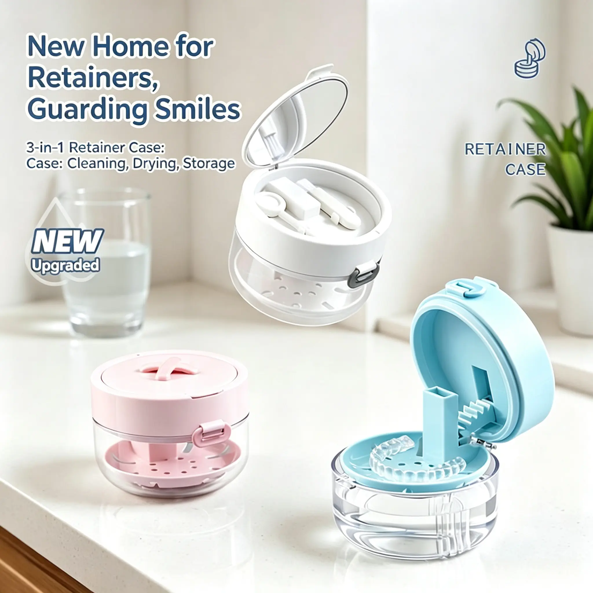 Upgraded Retainer Case with Drain Basket, Denture Soaking Container for Invisible Aligners, Wire Retainers, Night Guards, Built-in Storage Space for Dental Cleaning Tools