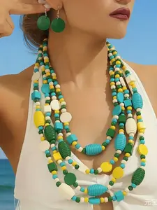 Handmade Ocean Wind Multi-Layer Multicolor Irregular Wood Beaded Necklace Earrings Set, 2 Piece Handcrafted Trendy Jewelry Set for Women