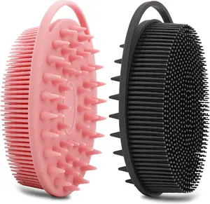 2 Pack Silicone Body Scrubber, Silicone Loofah Double-Sided Body Brush,Silicone Shower Scrubber and Scalp Massager Shampoo Brush for Sensitive Kids Women Men All Kinds of Skin (Black & Pink)