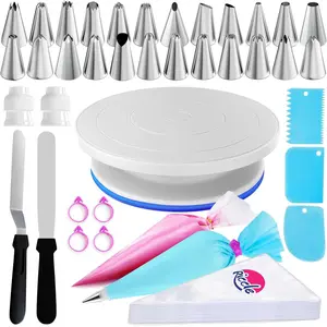 88 count Cake Decorating Kit with Blue Cake Turntable - Includes 50 Disposable + 2  Piping Bags and Tips Set, 24 Icing Piping Tips, 2 Spatulas, 3 Icing Comb Scraper (Blue)
