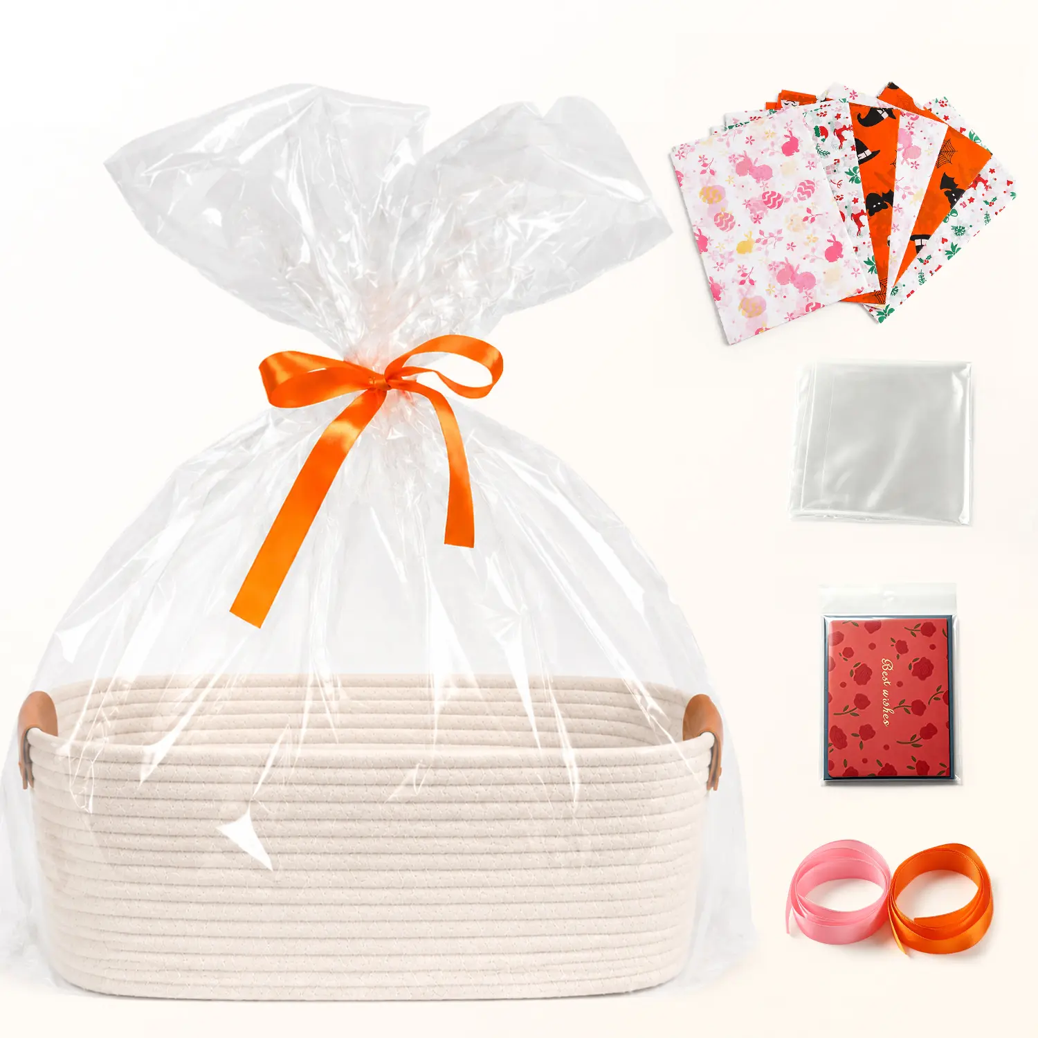 Halloween Boo Basket with Handles (14.57in×12.99in×5.91in) - Foldable Festive Storage Basket for Adults & Kids, Includes Gift Bags, Greeting Cards & Festival Liner Paper for Holiday Gifting