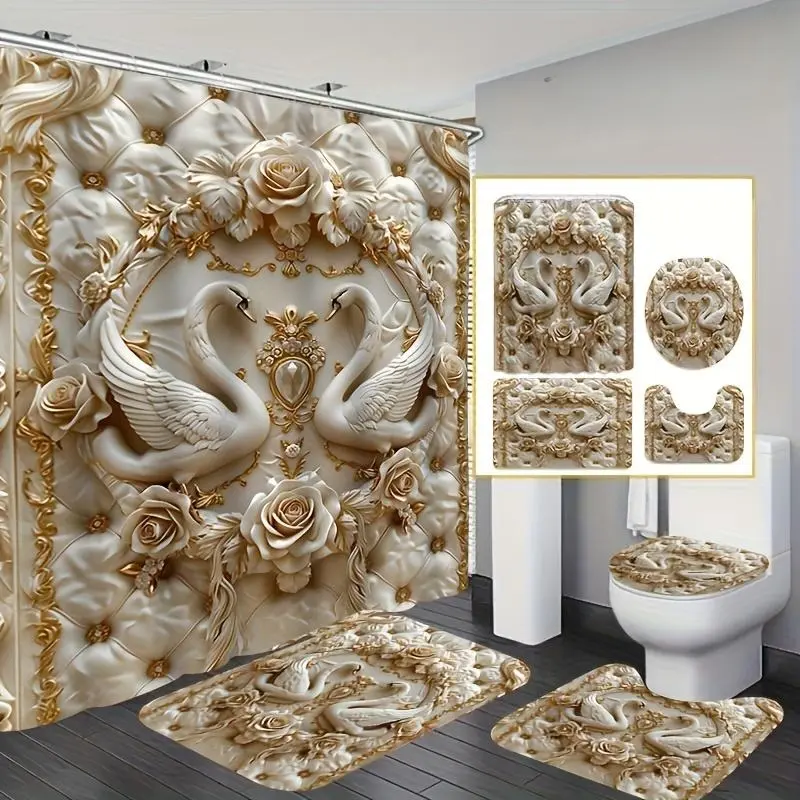 71"x71" 2D Flat Flannel Shower Curtain Set (4-Piece Plastic) - Elegant Ghost Master Golden Cube Swan Love Print, 12 Hooks, Non-Slip Bath Mat, U-Shape Toilet Mat, Toilet Seat Cushion, Bathroom Decoration, Halloween Gift, Shower Curtains