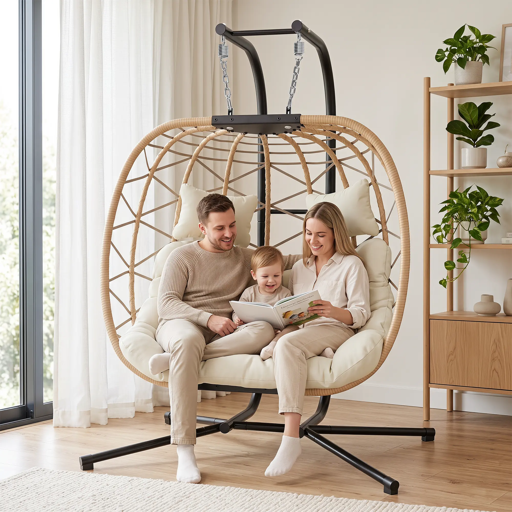 RIWENGO Egg Swing Chair with Stand- 350/700 lbs Weight Capacity, Outdoor Indoor Wicker Rattan Hanging Egg Chair with Cushion, Porch Swing Patio Furniture