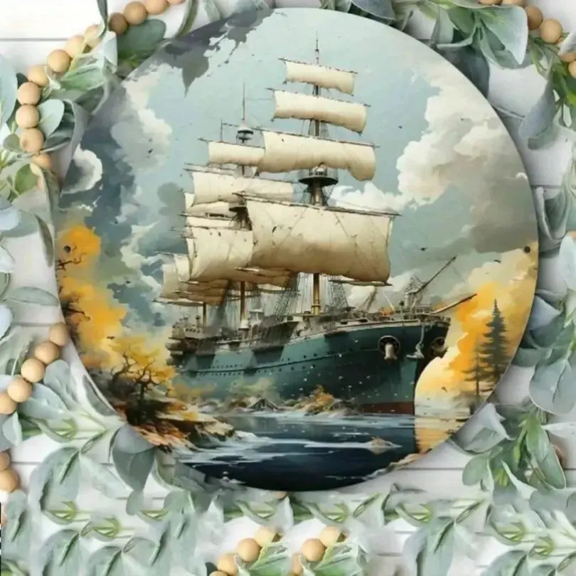 Nautical Ship & Stormy Seas Metal Wall Art – Round Iron Sign, Weather-Resistant Decor for Home, Bar, Cafe & Kitchen