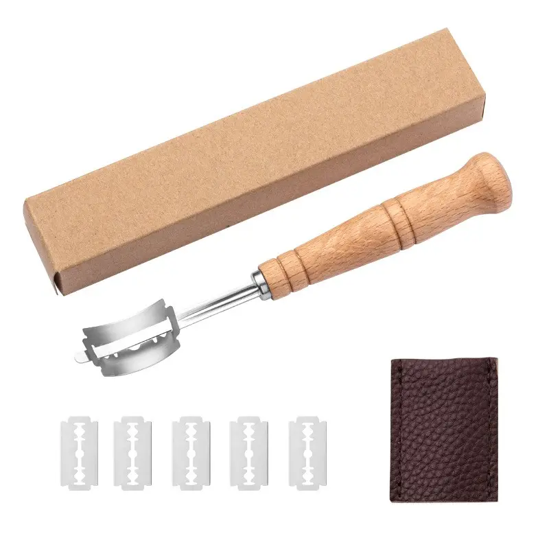 Wood Handle Bread Knife Stainless Steel Dough Divider, 1 Piece with 5 Blades and Cover, Ideal for Kitchen Baking Tools Kitchenware