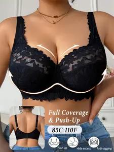 Women's Plus Size Lace Underwire Push-Up Bra,Unlined Full Coverage comfort Soft Bra Wide Underband Slimming Side Breasts Smoothing Breathable everyday wear