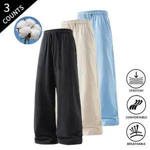 3-Pack Men’s Summer Vibes Lightweight Wide-Leg Pants, Elastic Waist, Comfortable Drawstring Pants for Everyday Wear