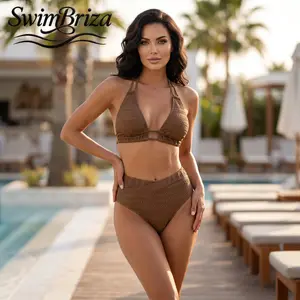 Briza｜Women's Textured Halter Triangle Bikini Two Piece Swimsuit Mocha Brown High Waisted Bathing Suit Set Retro Vacation Beachwear Swimwear, Women's Swimwear, Bathing Suit for Women, Bikini Set, Two Piece Bathing Suit, Beach Pool Summer Vacation