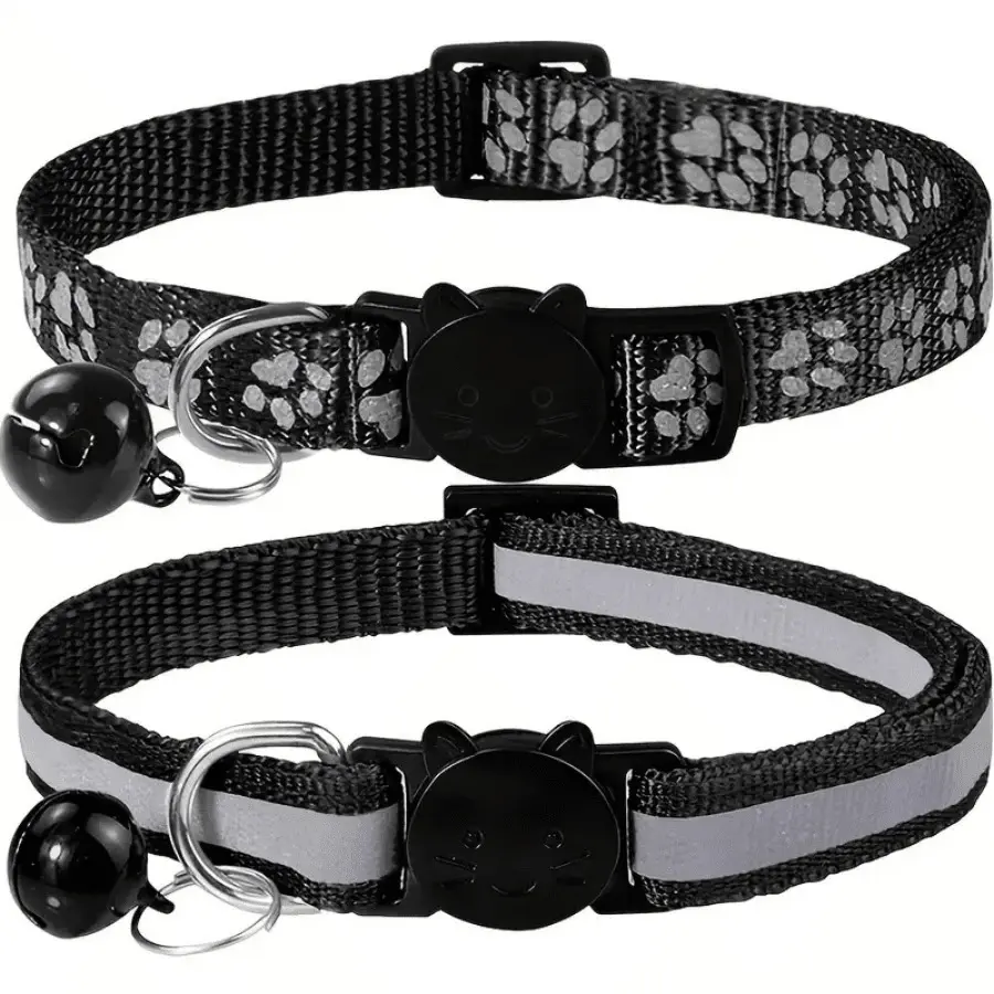 2pcs Color Block Reflective Cat Collars with Bells - Adjustable Nylon Pet Collars for Nighttime Visibility