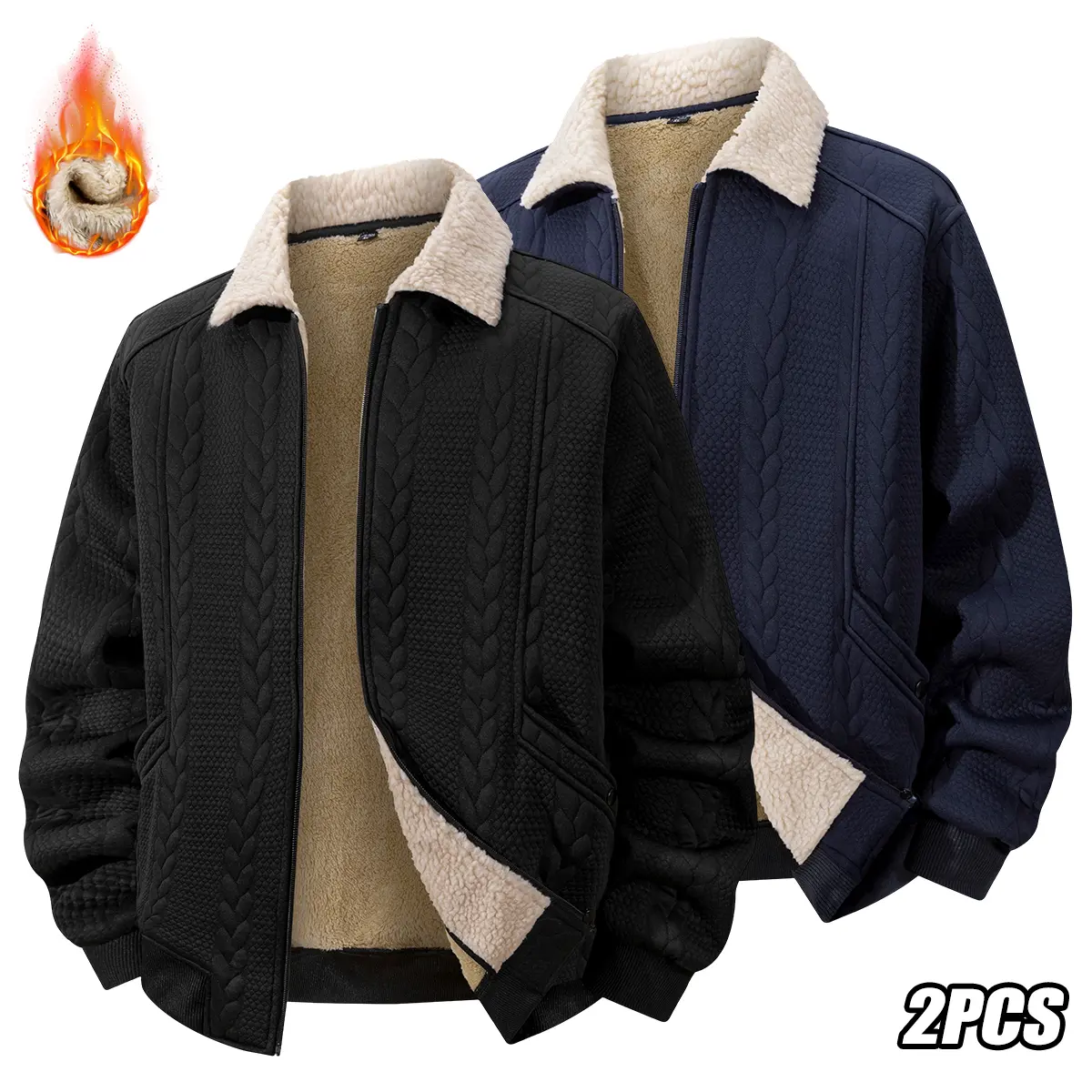 JOGWAVE Men's Polyester Jackets - 2PCS Baseball-Collar Fleece Zip-Up Tops, Preppy Street Plus-Size Casual Outdoor Running Wear, Retro Solid Design with Pockets, Autumn/Winter Essential