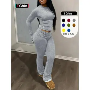 Two-piece Set Women's Solid Color Long Sleeve Tee & Foldover Waist Flare Leg Pants Set, Casual Wear Long Sleeves Round Neck Top & High Waist Bell Bottom Trousers, Womenswear for Fall & Winter