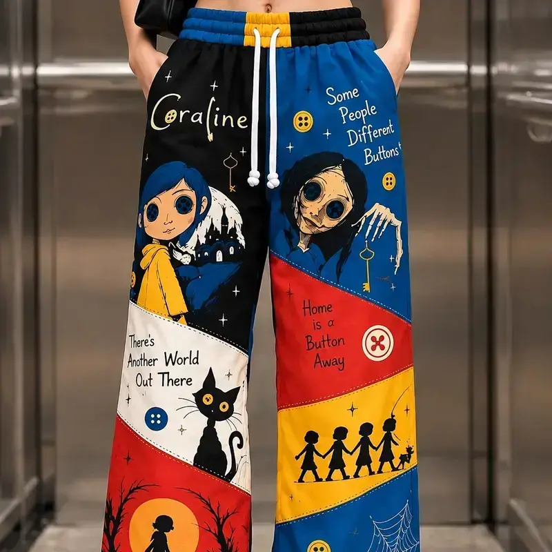 Coraline Inspired Wide Leg Sweatpants – Unisex Gothic Patchwork Joggers, Black Gray Pink & Purple Spooky Graphic Lounge Pants, Alternative Streetwear Trousers & Horror Movie Fan Gift